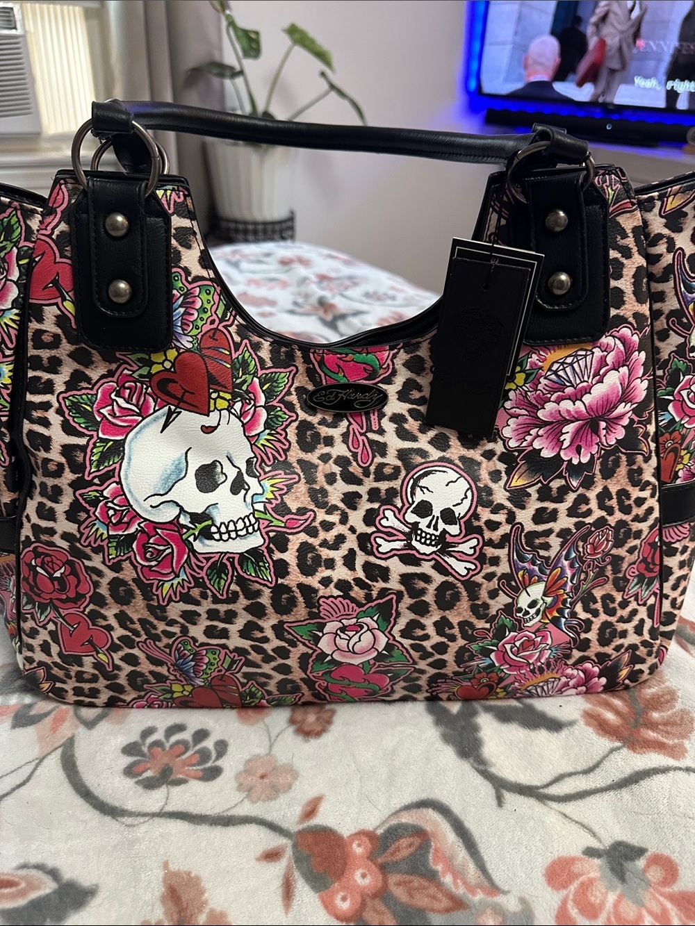 Ed Hardy Pink Leopard Floral Skull Tote with Black Handles